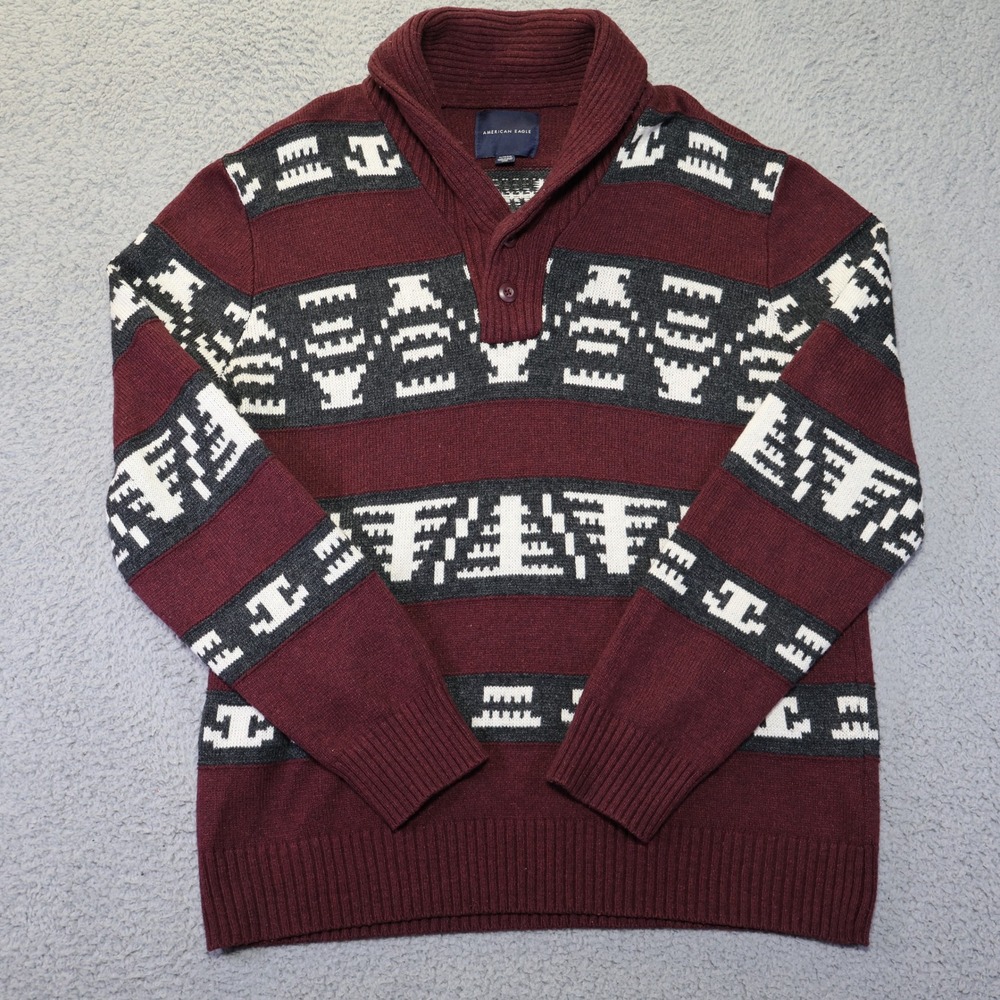 American Eagle Mens XL Shawl Collar Sweater Burgundy Fair Isle Geometric Knit